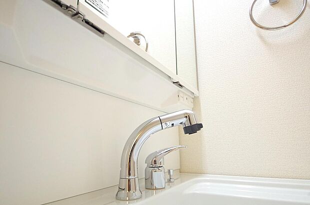 洗面台の給水口はホースが伸びるので朝シャン出来ます。シングルレバーでお湯の温度も楽々調整出来ます。