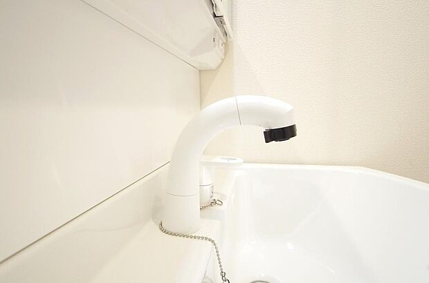 洗面台の給水口はホースが伸びるので朝シャン出来ます。シングルレバーでお湯の温度も楽々調整出来ます。