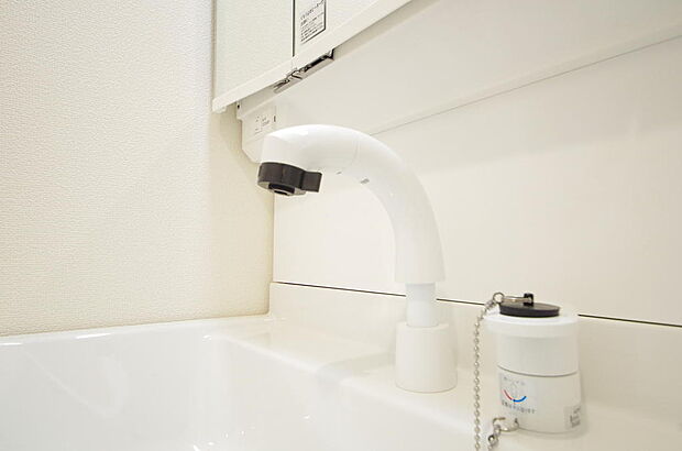 洗面台の給水口はホースが伸びるので朝シャン出来ます。シングルレバーでお湯の温度も楽々調整出来ます。