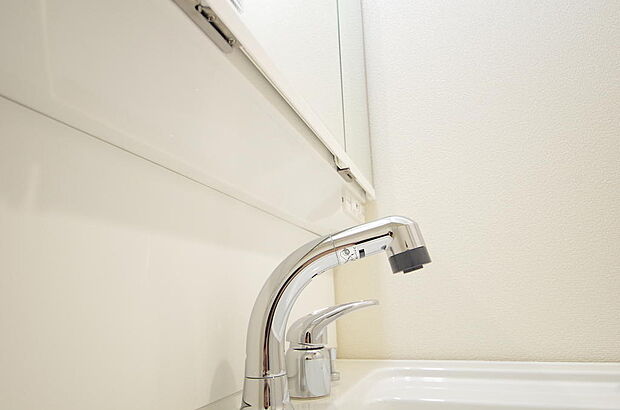 洗面台の給水口はホースが伸びるので朝シャン出来ます。シングルレバーでお湯の温度も楽々調整出来ます。