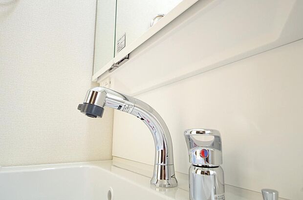 洗面台の給水口はホースが伸びるので朝シャン出来ます。シングルレバーでお湯の温度も楽々調整出来ます。
