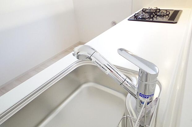 キッチンの水栓はホースが伸びますので、大きな鍋も楽に洗う事が出来ます。浄水器もビルトインです。