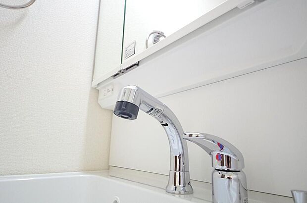 洗面台の給水口はホースが伸びるので朝シャン出来ます。シングルレバーでお湯の温度も楽々調整出来ます。