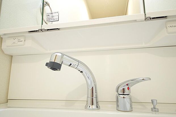 洗面台の給水口はホースが伸びるので朝シャン出来ます。シングルレバーでお湯の温度も楽々調整出来ます。
