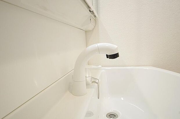 洗面台の給水口はホースが伸びるので朝シャン出来ます。シングルレバーでお湯の温度も楽々調整出来ます。