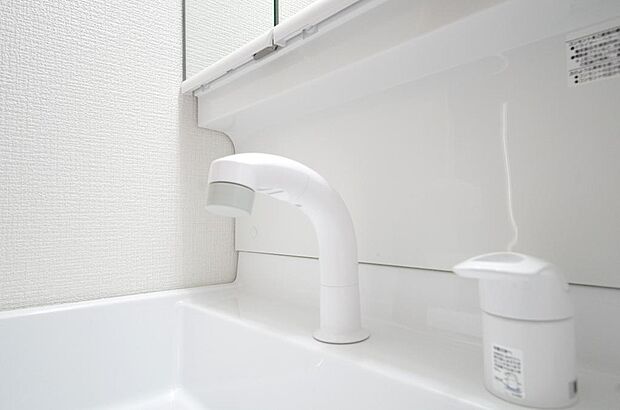 洗面台の給水口はホースが伸びるので朝シャン出来ます。シングルレバーでお湯の温度も楽々調整出来ます。