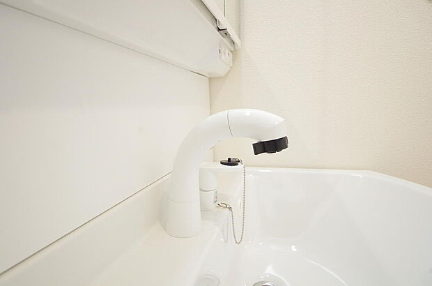 洗面台の給水口はホースが伸びるので朝シャン出来ます。シングルレバーでお湯の温度も楽々調整出来ます。