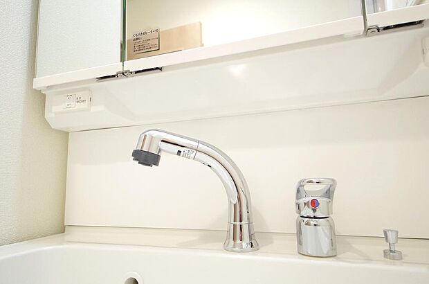 洗面台の給水口はホースが伸びるので朝シャン出来ます。シングルレバーでお湯の温度も楽々調整出来ます。