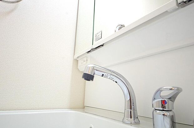 洗面台の給水口はホースが伸びるので朝シャン出来ます。シングルレバーでお湯の温度も楽々調整出来ます。