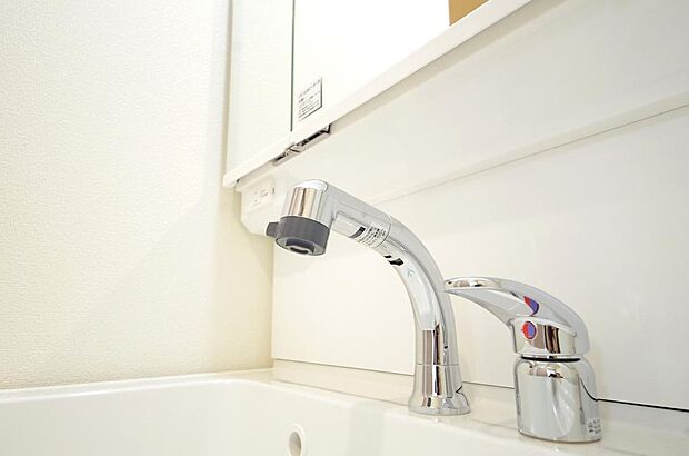 洗面台の給水口はホースが伸びるので朝シャン出来ます。シングルレバーでお湯の温度も楽々調整出来ます。