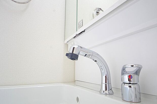 洗面台の給水口はホースが伸びるので朝シャン出来ます。シングルレバーでお湯の温度も楽々調整出来ます。