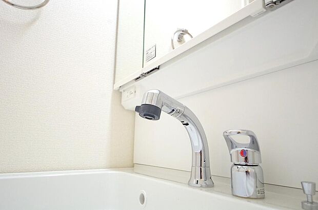 洗面台の給水口はホースが伸びるので朝シャン出来ます。シングルレバーでお湯の温度も楽々調整出来ます。