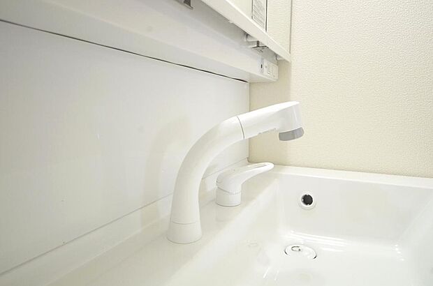 洗面台の給水口はホースが伸びるので朝シャン出来ます。シングルレバーでお湯の温度も楽々調整出来ます。