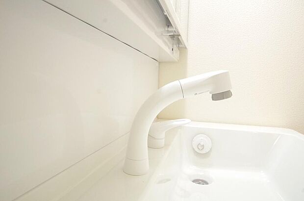 洗面台の給水口はホースが伸びるので朝シャン出来ます。シングルレバーでお湯の温度も楽々調整出来ます。