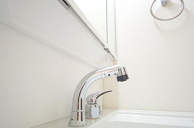 洗面台の給水口はホースが伸びるので朝シャン出来ます。シングルレバーでお湯の温度も楽々調整出来ます。