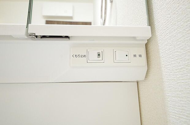 洗面台には、照明 コンセント くもり止めの3点が標準装備されております。