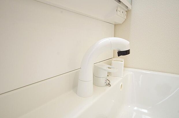 洗面台の給水口はホースが伸びるので朝シャン出来ます。シングルレバーでお湯の温度も楽々調整出来ます。