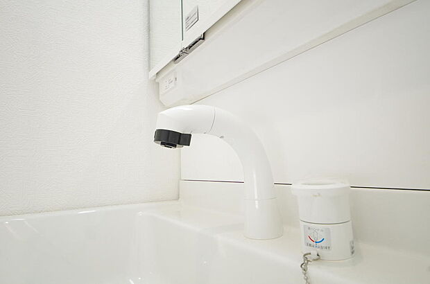 洗面台の給水口はホースが伸びるので朝シャン出来ます。シングルレバーでお湯の温度も楽々調整出来ます。