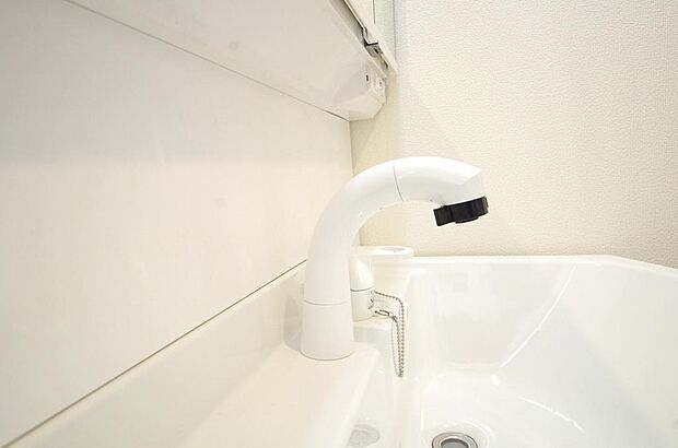 洗面台の給水口はホースが伸びるので朝シャン出来ます。シングルレバーでお湯の温度も楽々調整出来ます。