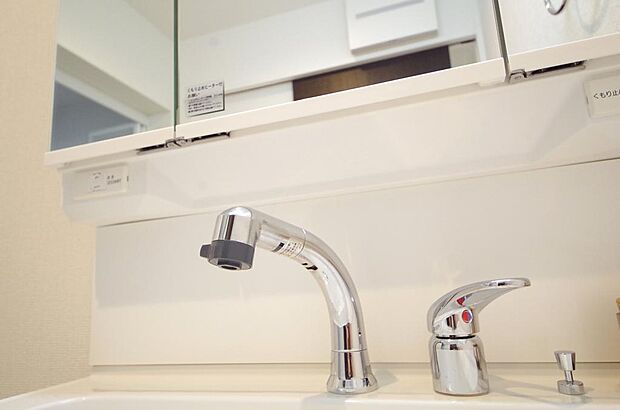 洗面台の給水口はホースが伸びるので朝シャン出来ます。シングルレバーでお湯の温度も楽々調整出来ます。