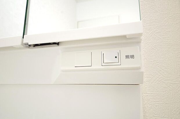 洗面台には、照明 コンセント くもり止めの3点が標準装備されております。