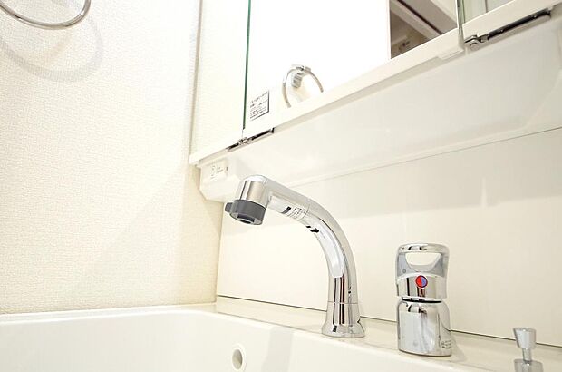 洗面台の給水口はホースが伸びるので朝シャン出来ます。シングルレバーでお湯の温度も楽々調整出来ます。