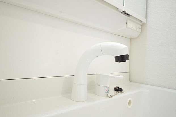 洗面台の給水口はホースが伸びるので朝シャン出来ます。シングルレバーでお湯の温度も楽々調整出来ます。