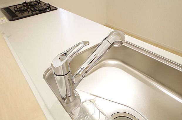 キッチンの水栓はホースが伸びますので、大きな鍋も楽に洗う事が出来ます。また、浄水器もビルトインです。