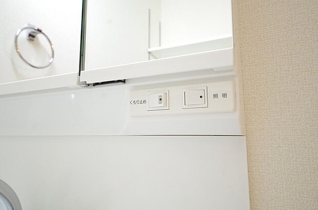 洗面台には、照明 コンセント くもり止めの3点が標準装備されております。