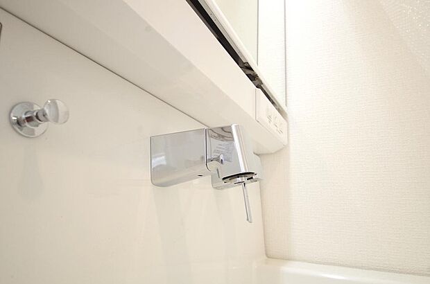 洗面台の給水口はホースが伸びるので朝シャン出来ます。シングルレバーでお湯の温度も楽々調整出来ます。