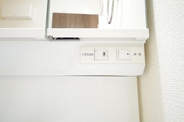 洗面台には、照明 コンセント くもり止めの3点が標準装備されております。