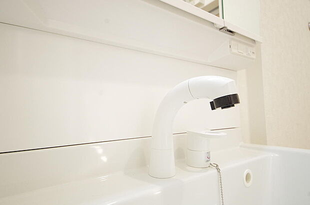 洗面台の給水口はホースが伸びるので朝シャン出来ます。シングルレバーでお湯の温度も楽々調整出来ます。