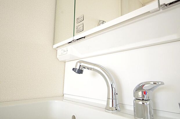 洗面台の給水口はホースが伸びるので朝シャン出来ます。シングルレバーでお湯の温度も楽々調整出来ます。