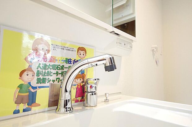 洗面台の給水口はホースが伸びるので朝シャン出来ます。シングルレバーでお湯の温度も楽々調整出来ます。