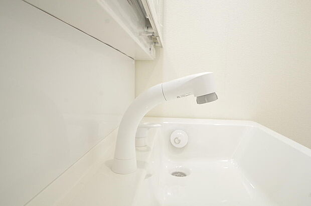洗面台の給水口はホースが伸びるので朝シャン出来ます。シングルレバーでお湯の温度も楽々調整出来ます。