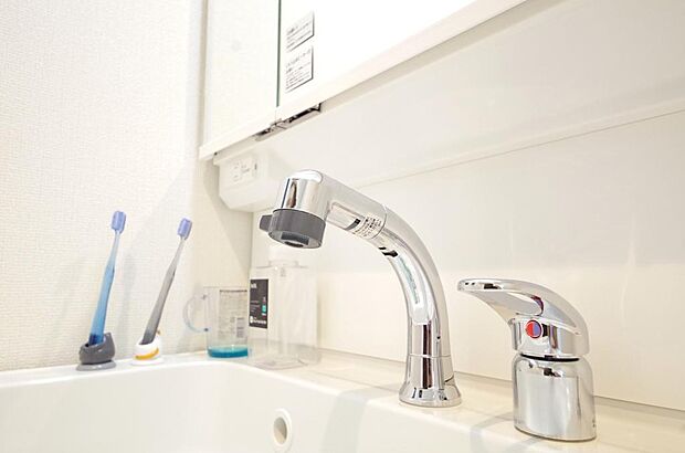 洗面台の給水口はホースが伸びるので朝シャン出来ます。シングルレバーでお湯の温度も楽々調整出来ます。