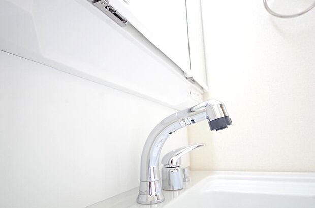 洗面台の給水口はホースが伸びるので朝シャン出来ます。シングルレバーでお湯の温度も楽々調整出来ます。