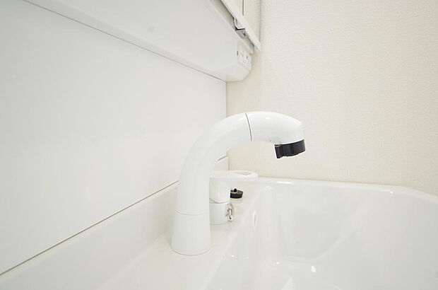 洗面台の給水口はホースが伸びるので朝シャン出来ます。シングルレバーでお湯の温度も楽々調整出来ます。