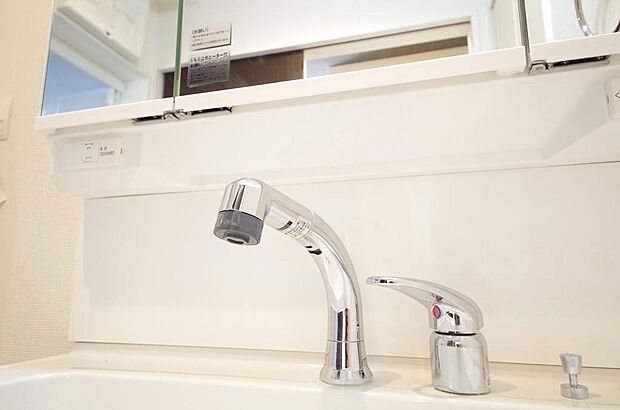 洗面台の給水口はホースが伸びるので朝シャン出来ます。シングルレバーでお湯の温度も楽々調整出来ます。