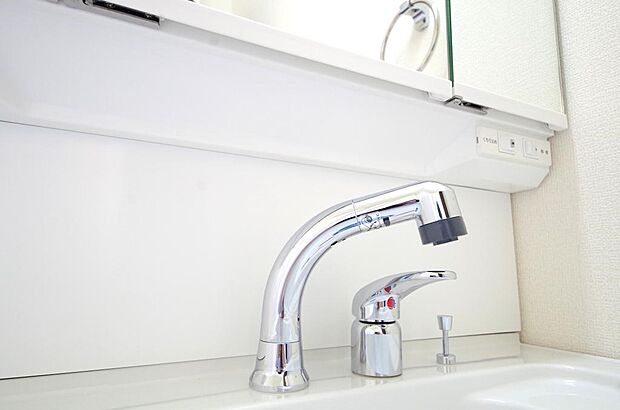 洗面台の給水口はホースが伸びるので朝シャン出来ます。シングルレバーでお湯の温度も楽々調整出来ます。