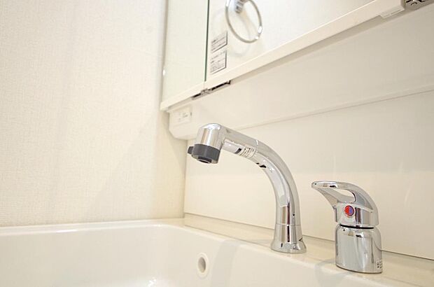 洗面台の給水口はホースが伸びるので朝シャン出来ます。シングルレバーでお湯の温度も楽々調整出来ます。