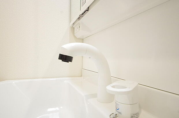 洗面台の給水口はホースが伸びるので朝シャン出来ます。シングルレバーでお湯の温度も楽々調整出来ます。