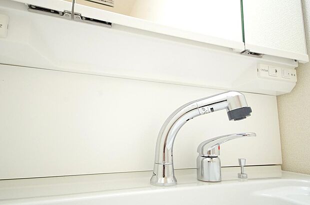 洗面台の給水口はホースが伸びるので朝シャン出来ます。シングルレバーでお湯の温度も楽々調整出来ます。