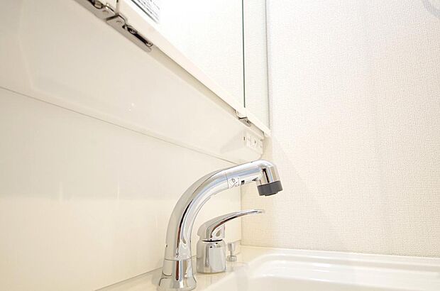 洗面台の給水口はホースが伸びるので朝シャン出来ます。シングルレバーでお湯の温度も楽々調整出来ます。
