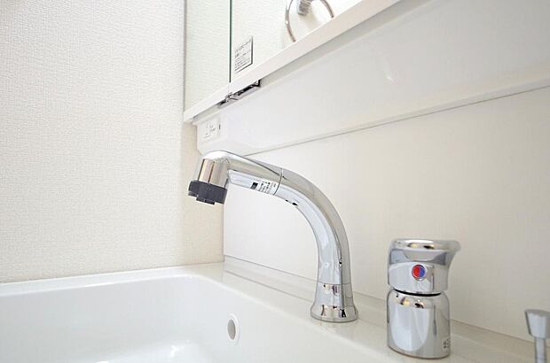 洗面台の給水口はホースが伸びるので朝シャン出来ます。シングルレバーでお湯の温度も楽々調整出来ます。