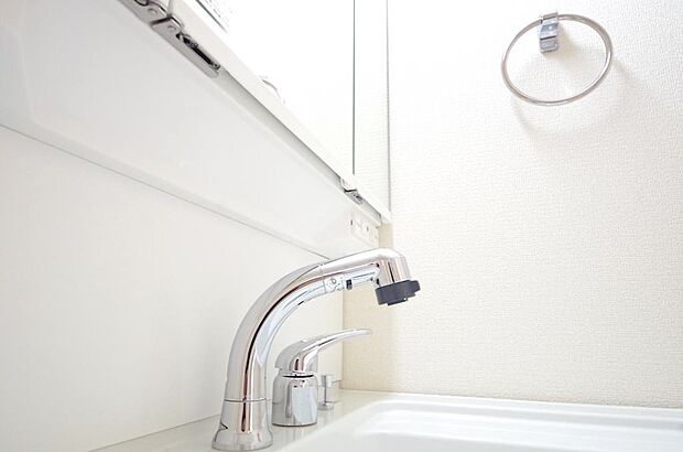 洗面台の給水口はホースが伸びるので朝シャン出来ます。シングルレバーでお湯の温度も楽々調整出来ます。