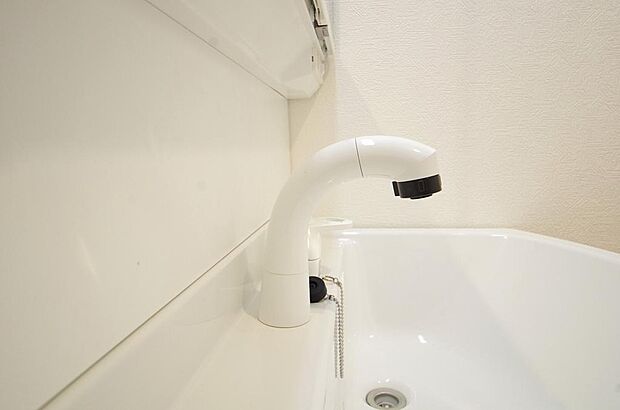 洗面台の給水口はホースが伸びるので朝シャン出来ます。シングルレバーでお湯の温度も楽々調整出来ます。