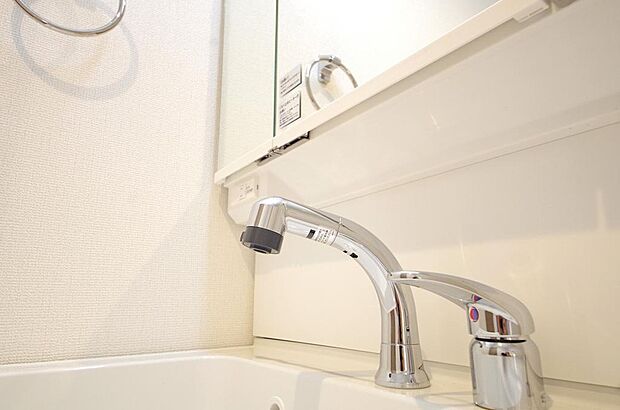 洗面台の給水口はホースが伸びるので朝シャン出来ます。シングルレバーでお湯の温度も楽々調整出来ます。