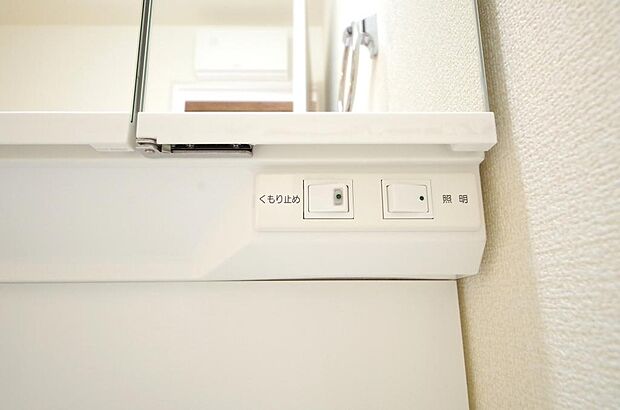 洗面台には、照明　コンセント　くもり止めの３点が標準装備されております。