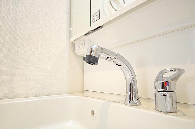 洗面台の給水口はホースが伸びるので朝シャン出来ます。シングルレバーでお湯の温度も楽々調整出来ます。